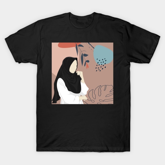 Minimalist hijab jilbab woman islam muslim female girl print, abstract shapes tropical leaves illustration, neutral colors background T-Shirt by Modern Art